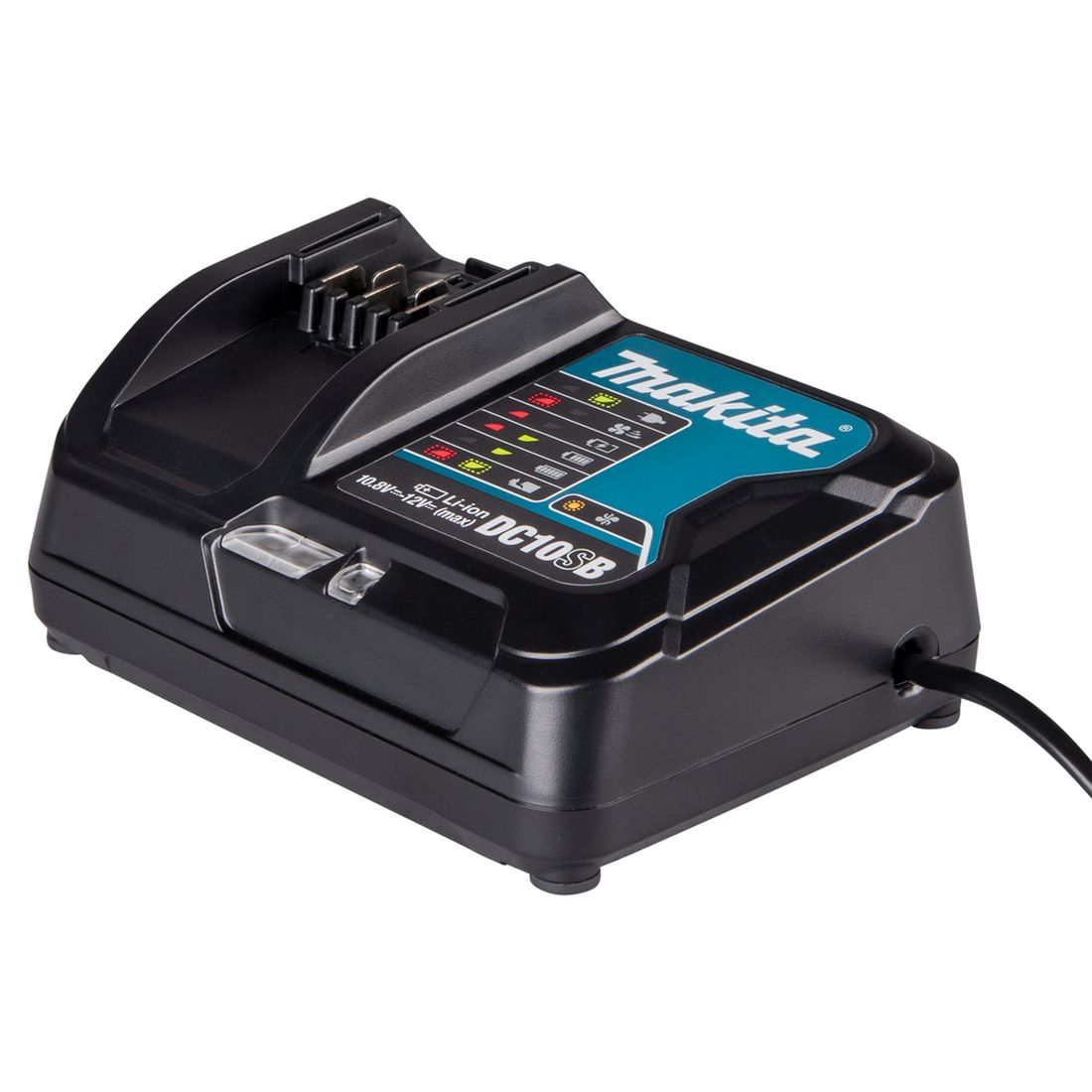 MAKITA Latauslaite DC10SB CXT. Kuvassa latauslaite oikealta etuviistosta.