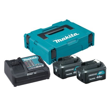 MAKITA PowerPack CXT 2x4,0Ah, DC10SB. Kuvassa Makpac salkku, latauslaite ja kaksi 4,0 Ah akkua vasemmalta etuyläviistosta.