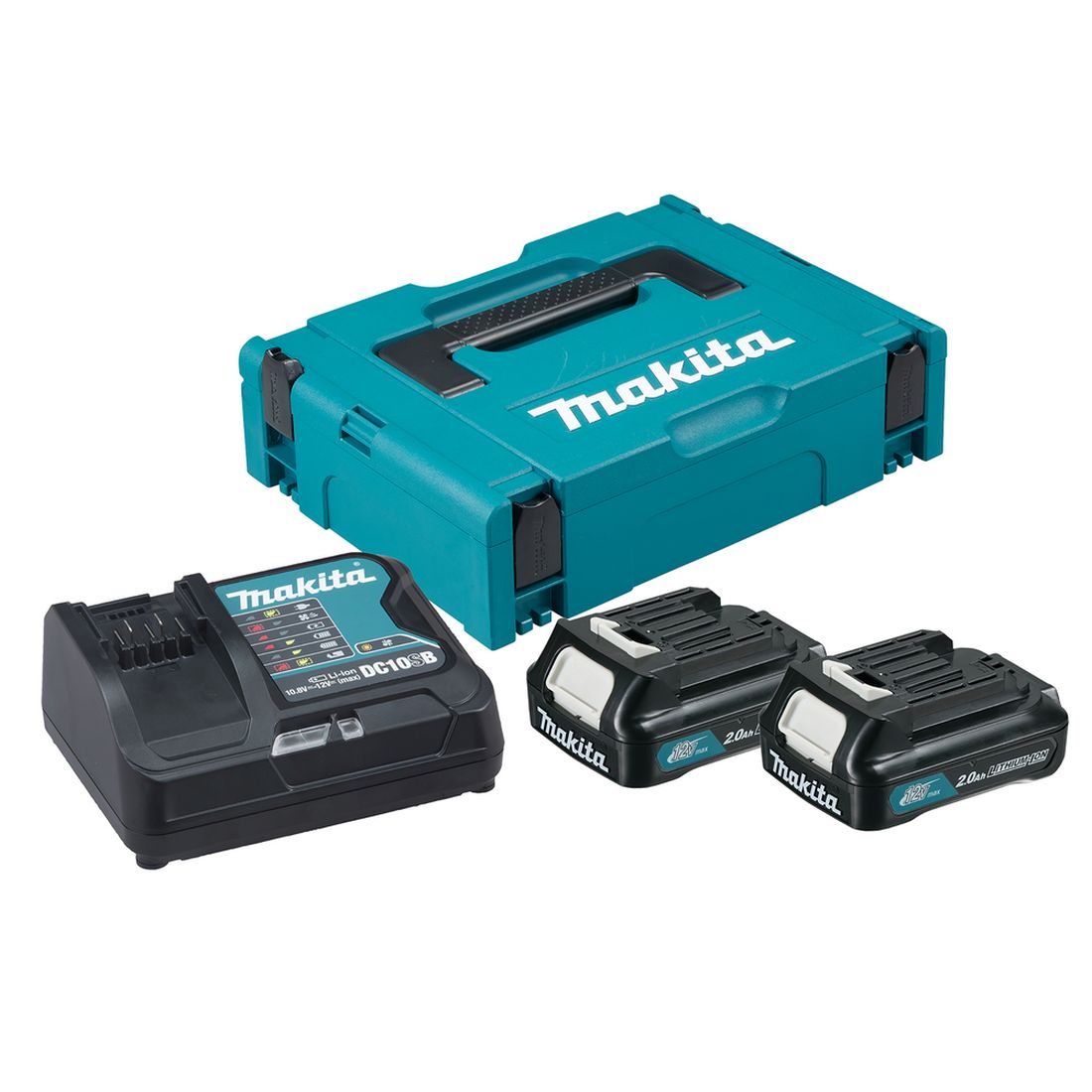 MAKITA PowerPack CXT 2x2,0Ah, DC10SB. Kuvassa Makpac salkku, latauslaite ja kaksi 4,0 Ah akkua vasemmalta etuyläviistosta.