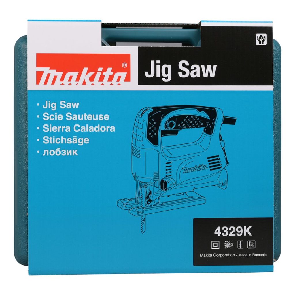 MAKITA Pistosaha. Kuvassa pistosahan tuotepakkaus/salkku edestäpäin.