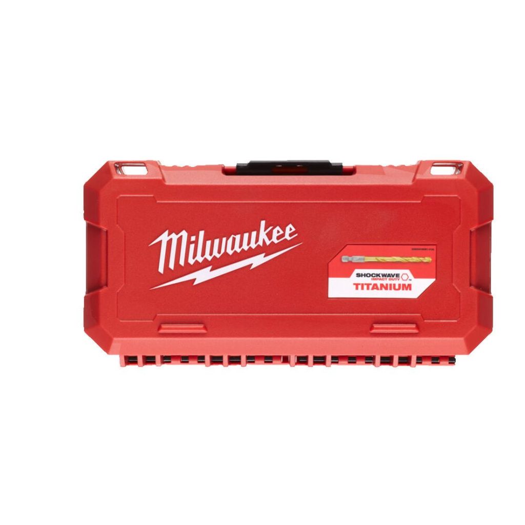 Milwaukee metalliporanteräsarja HSS-G Tin 19-osaa. Kuvassa suljettu poranteräsarjapakkaus ylhäältäpäin.