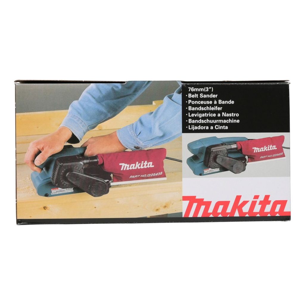 MAKITA Nauhahiomakone. Kuvassa nauhahiomakoneen tuotepakkaus edestäpäin.