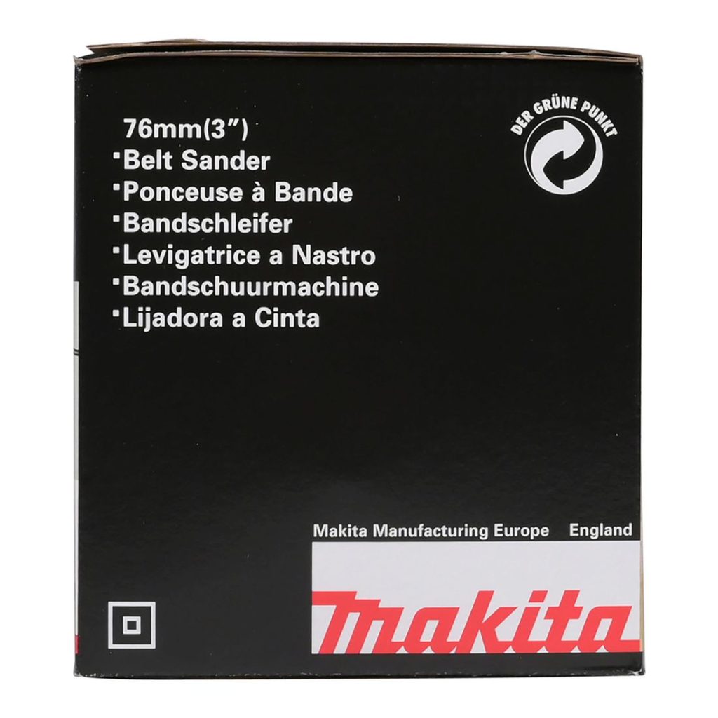MAKITA Nauhahiomakone. Kuvassa nauhahiomakoneen tuotepakkaus sivustapäin.