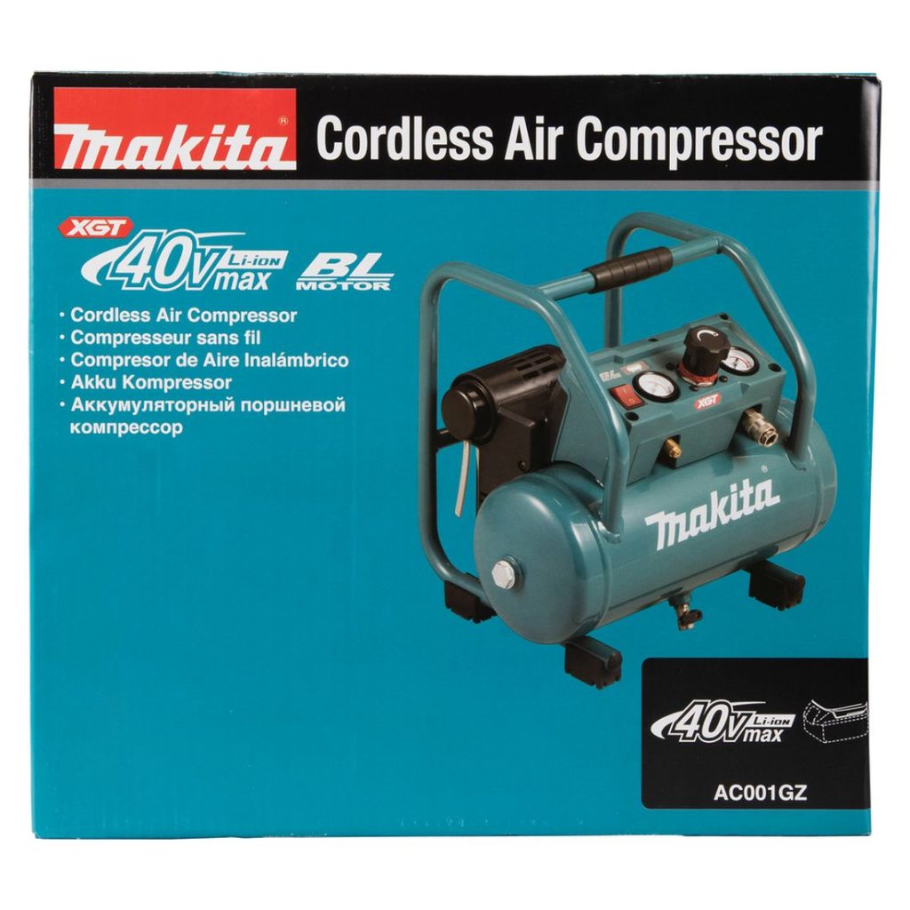 MAKITA Kompressori XGT. Kuvassa kompressorin tuotepakkaus ylhäältäpäin.