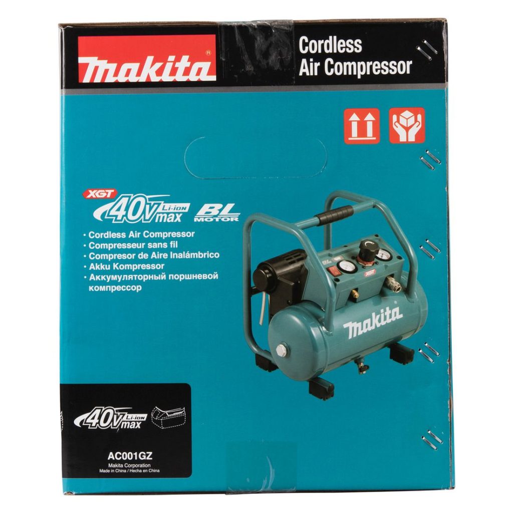 MAKITA Kompressori XGT. Kuvassa kompressorin tuotepakkaus sivustapäin.