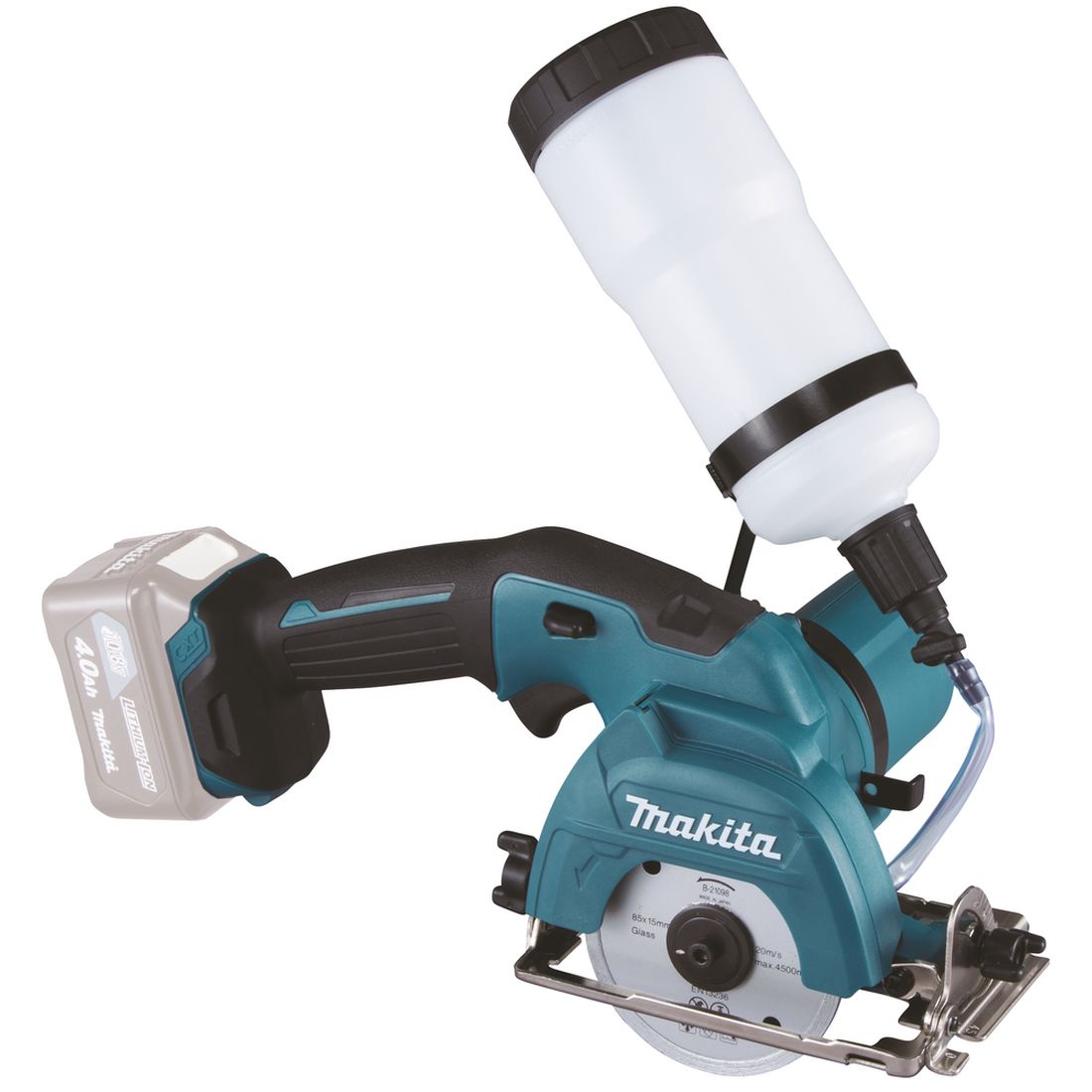 MAKITA Laattaleikkuri CXT. Kuvassa laattaleikkuri vasemmalta sivustapäin.