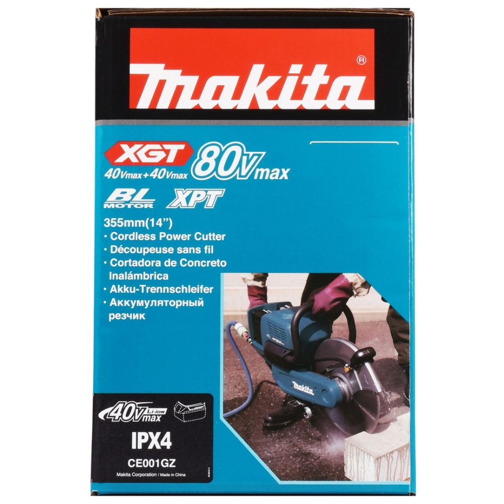 MAKITA Laikkaleikkuri XGT. Kuvassa laikkaleikkurin pakkaus sivustapäin.
