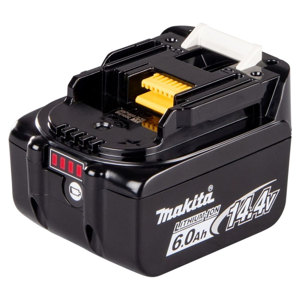 MAKITA Akku 6.0Ah LXT BL1460B. Kuvassa akku oikealta etuyläviistosta.