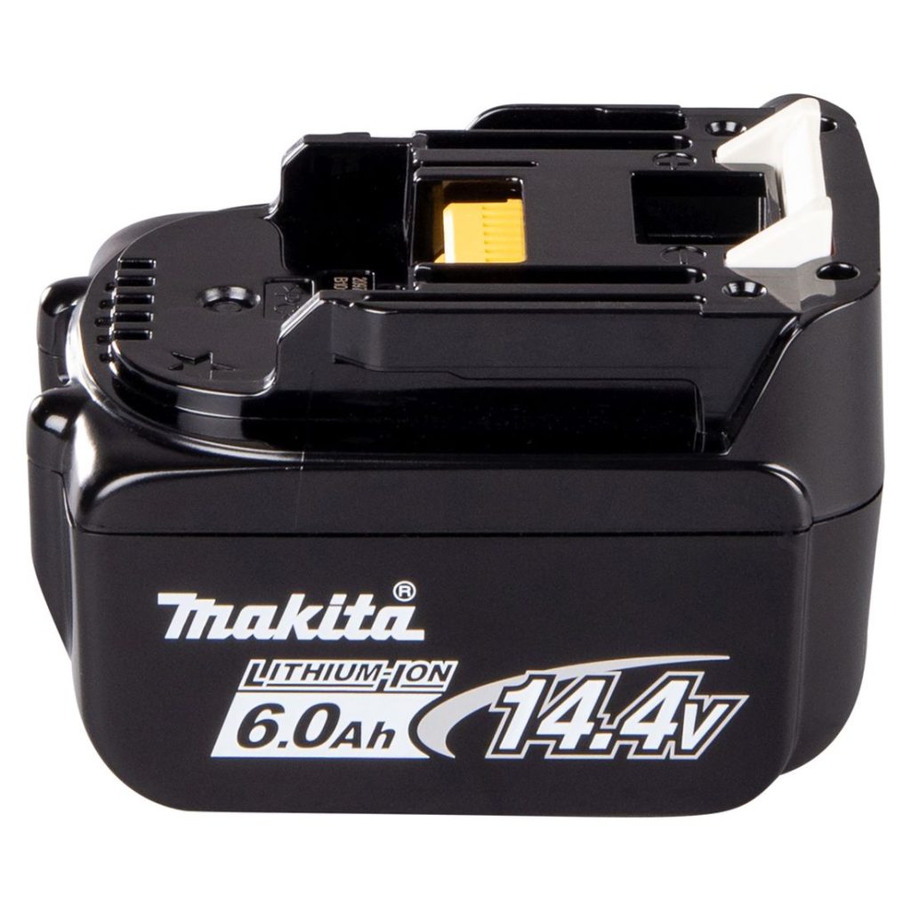 MAKITA Akku 6.0Ah LXT BL1460B. Kuvassa akku vasemmalta sivustapäin.