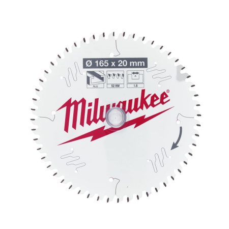Milwaukee Pyörösahanterä 165/20/52. Kuva pyörösahanterän päältä.