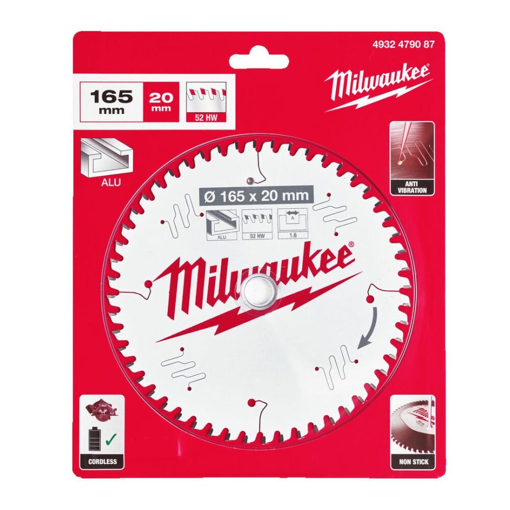 Milwaukee Pyörösahanterä 165/20/52. Kuvassa pyörösahanterän myyntipakkaus edestäpäin.