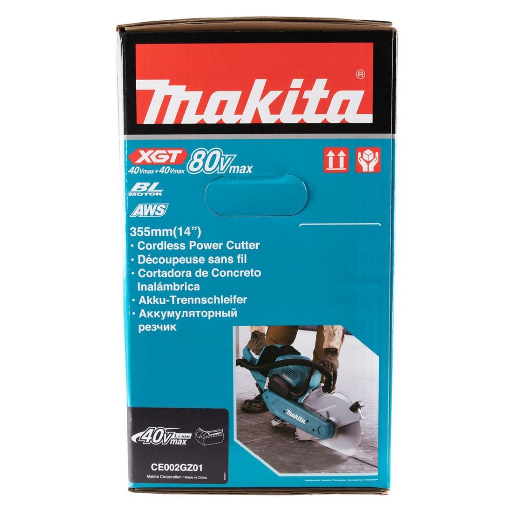 MAKITA Laikkaleikkuri XGT. Kuvassa laikkaleikkurin pakkaus sivustapäin.