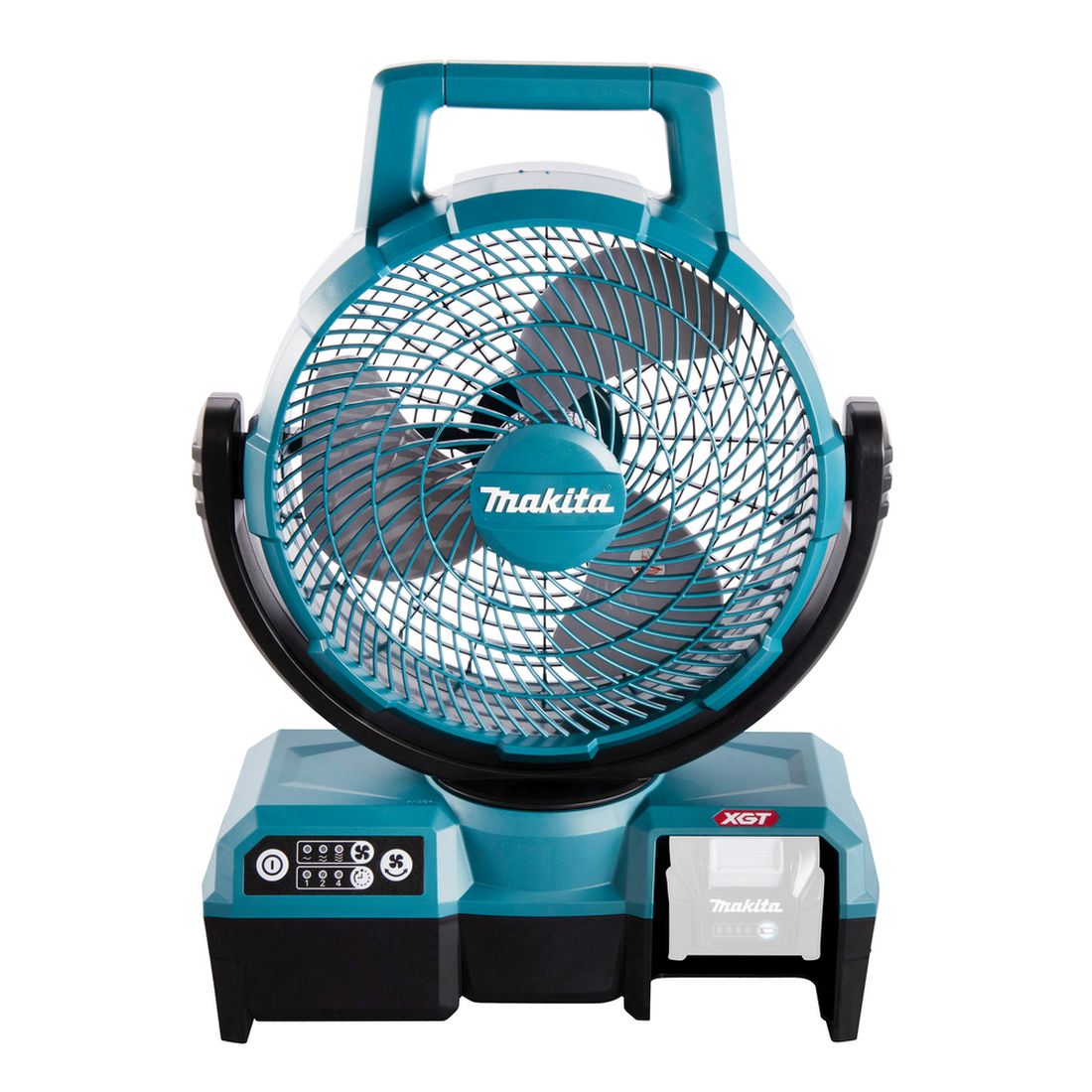 MAKITA Tuuletin XGT. Kuvassa tuuletin edestäpäin yläviistosta akku irrotettuna.