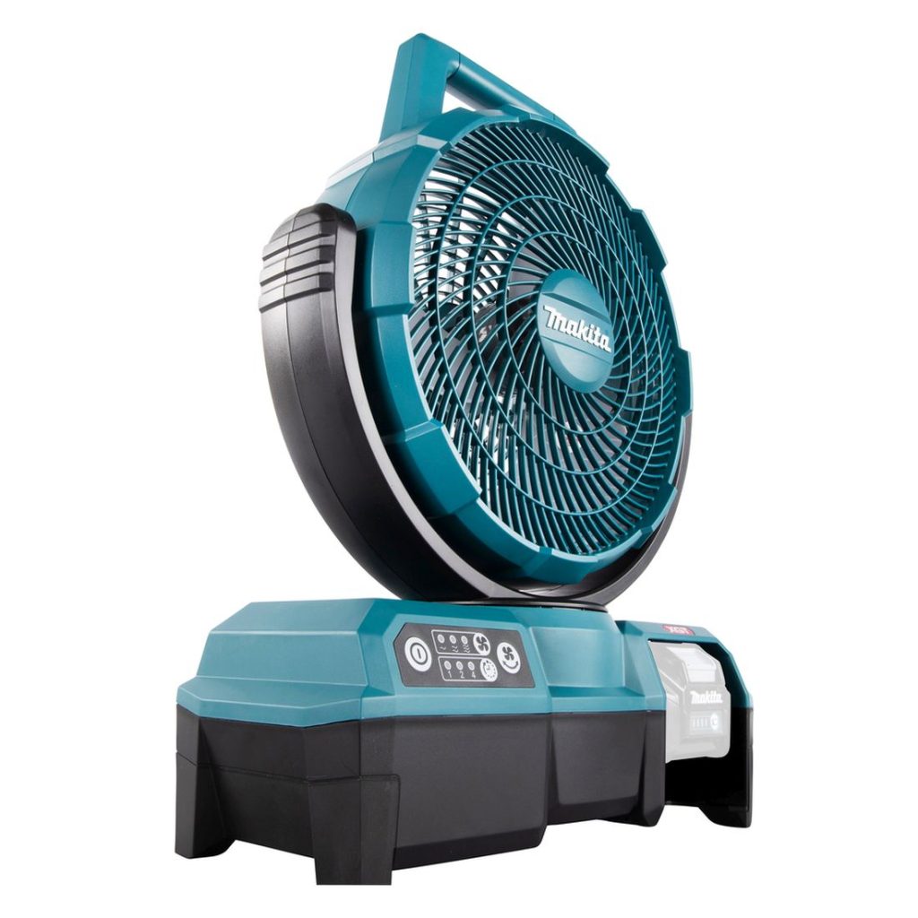 MAKITA Tuuletin XGT. Kuvassa tuuletin vasemmalta etuviistosta akku irrotettuna.