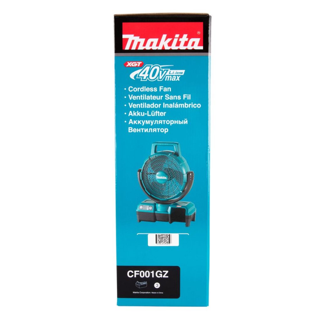 MAKITA Tuuletin XGT. Kuvassa tuuletimen pakkaus sivustapäin.