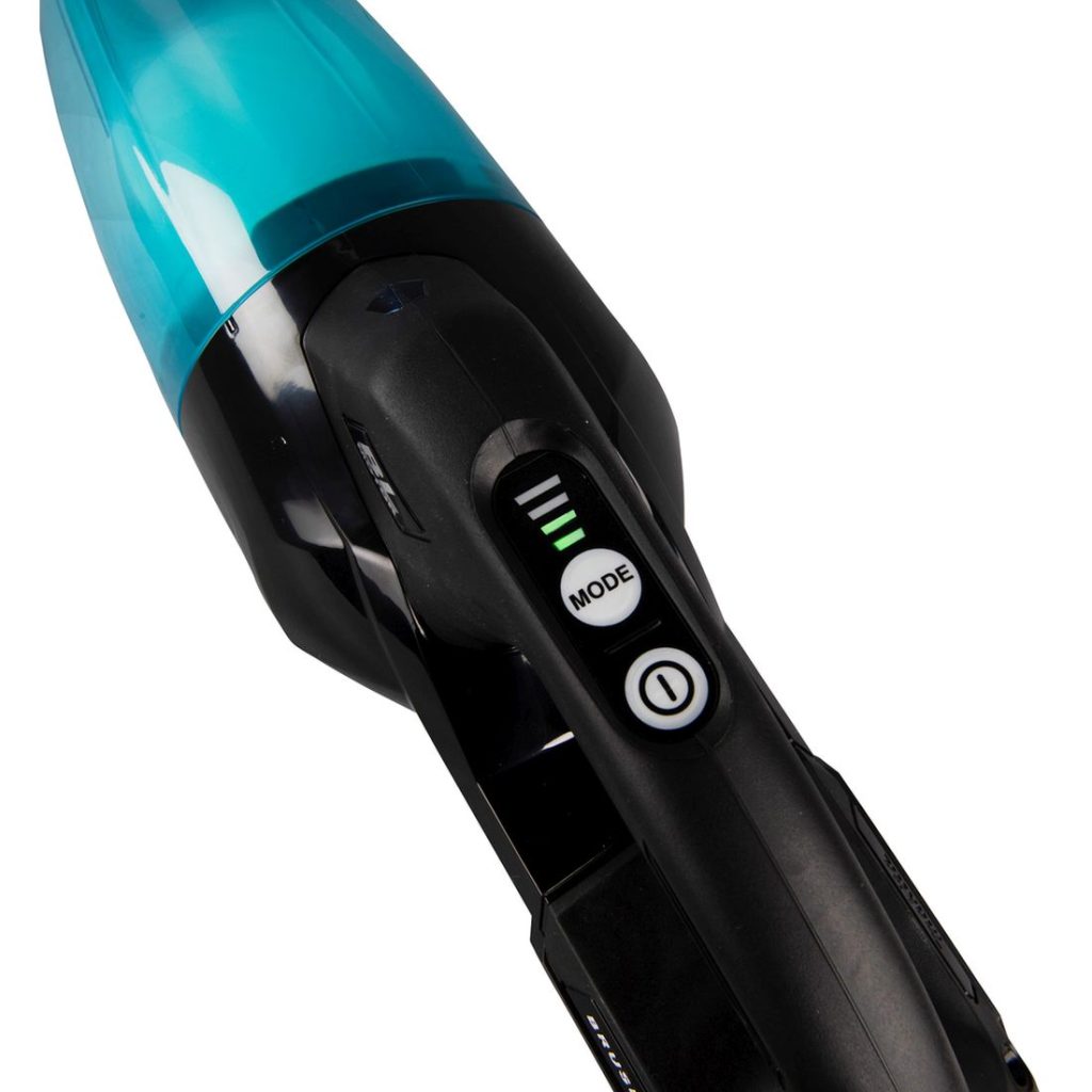 MAKITA Varsi-imuri XGT. Lähikuvassa varsi-imurin käynnistyskytkin.