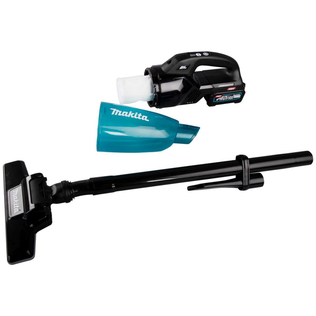 MAKITA Varsi-imuri XGT. Kuvassa varsi-imurin runko, säiliö ja varsi irrotettuna.