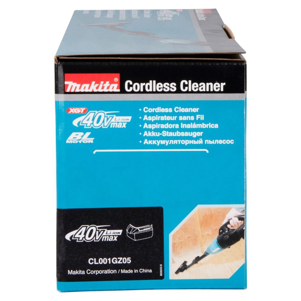 MAKITA Varsi-imuri XGT. Kuvassa varsi-imurin pakkaus sivustapäin.