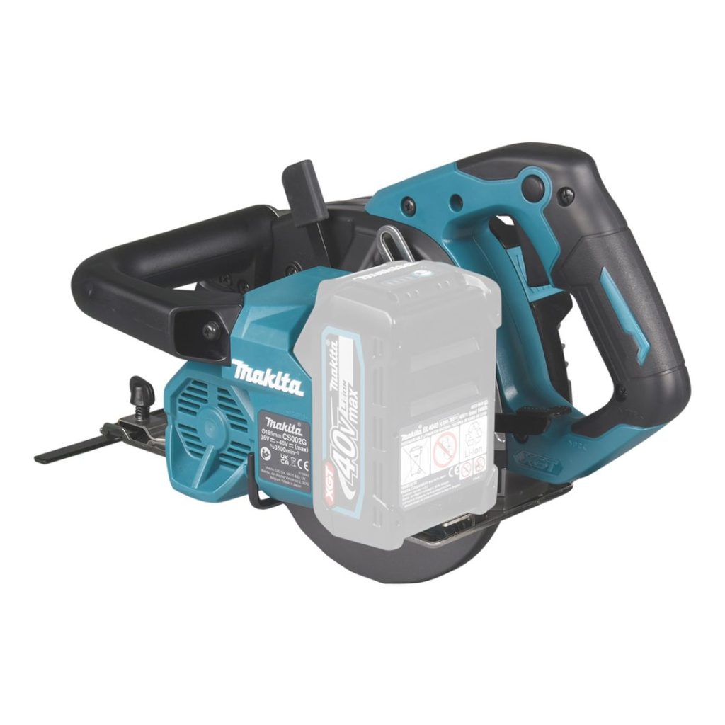 MAKITA Metallipyörösaha XGT. Kuvassa metallipyörösaha vasemmalta takaviistosta.