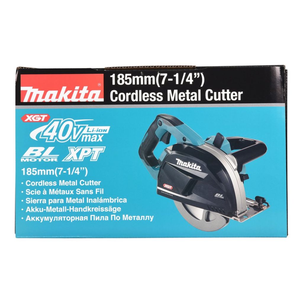 MAKITA Metallipyörösaha XGT. Kuvassa metallipyörösahan pakkaus ylhäältäpäin.