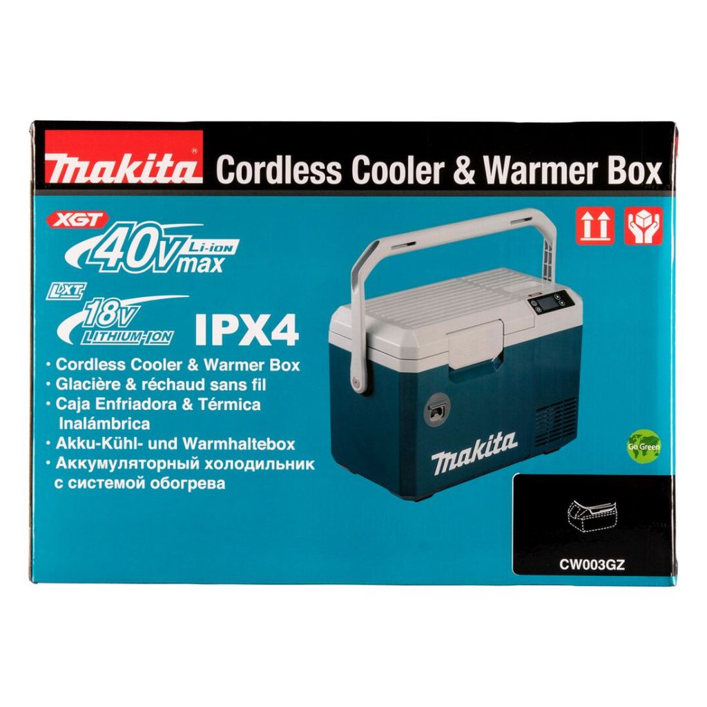 MAKITA Kylmä-/lämpölaukku XGT/LXT 12V. Kuvassa kylmä-/lämpölaukun pakkaus edestäpäin.