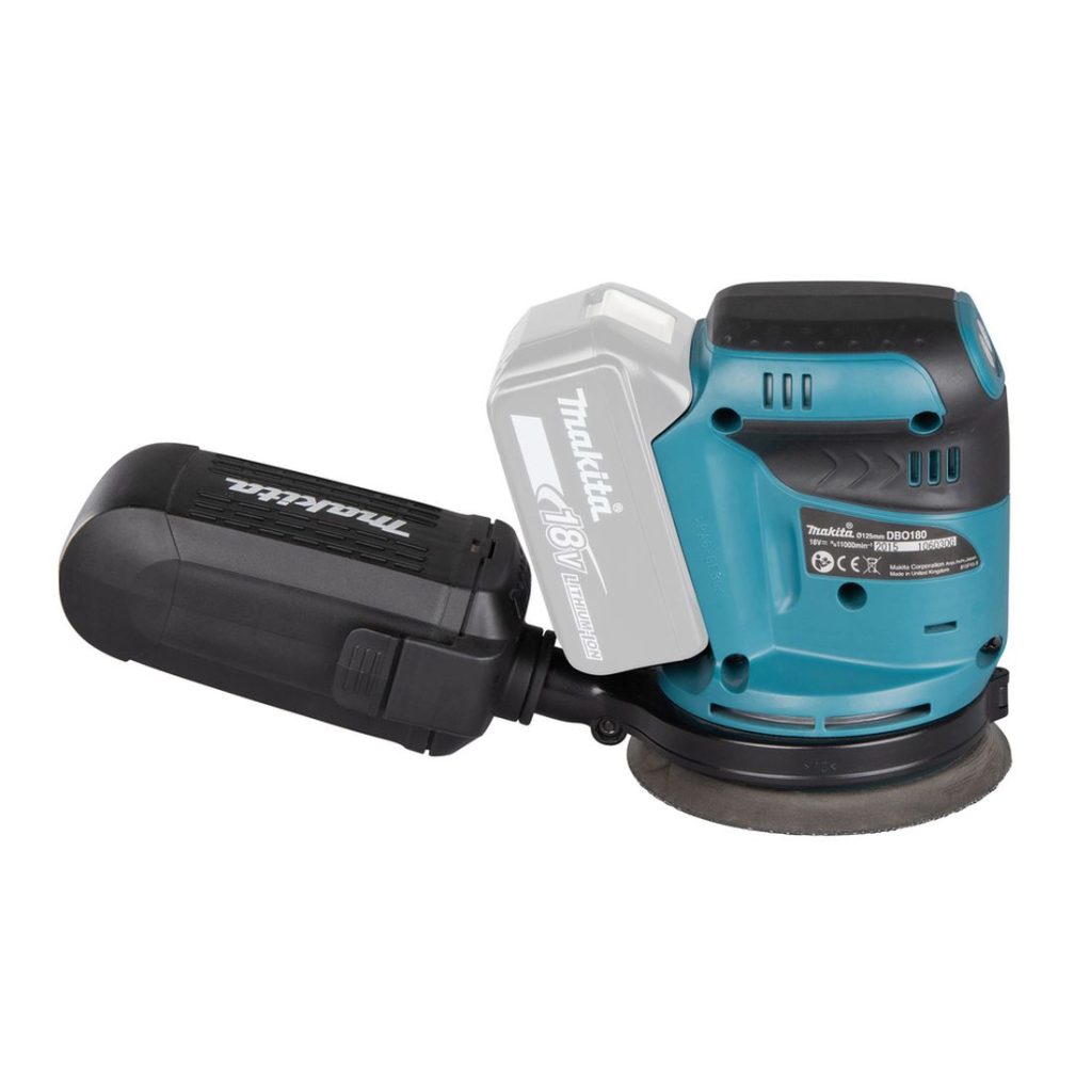 MAKITA Epäkeskohiomakone LXT. Kuvassa Epäkeskohiomakone LXT oikealta sivustapäin.