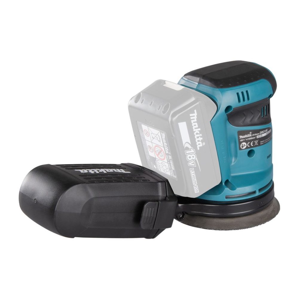 MAKITA Epäkeskohiomakone LXT. Kuvassa Epäkeskohiomakone LXT oikealta takaviistosta.