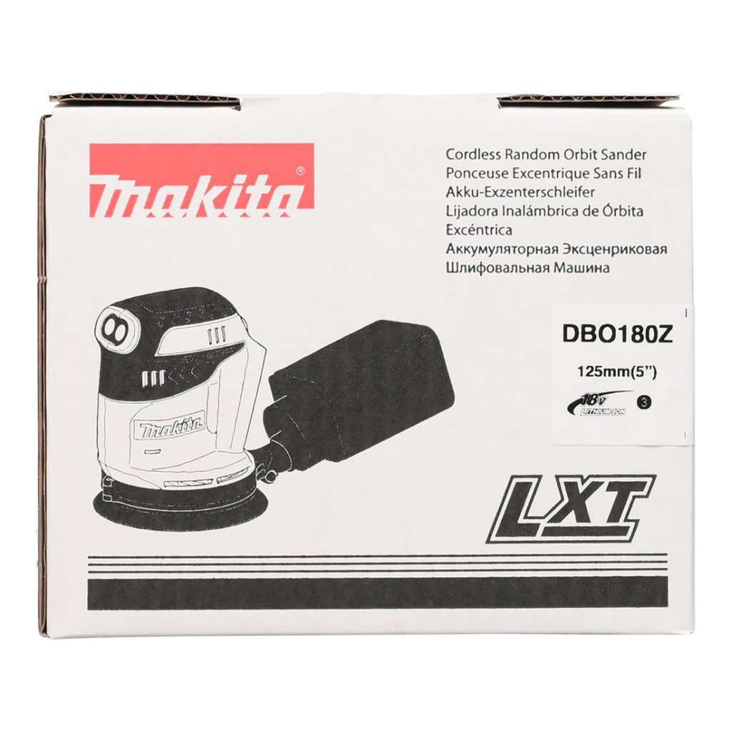 MAKITA Epäkeskohiomakone LXT. Kuvassa tuotteen myyntipakkaus edestäpäin.