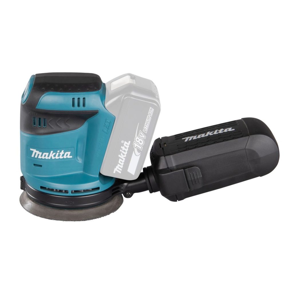 MAKITA Epäkeskohiomakone LXT. Kuvassa Epäkeskohiomakone LXT vasemmalta sivustapäin.