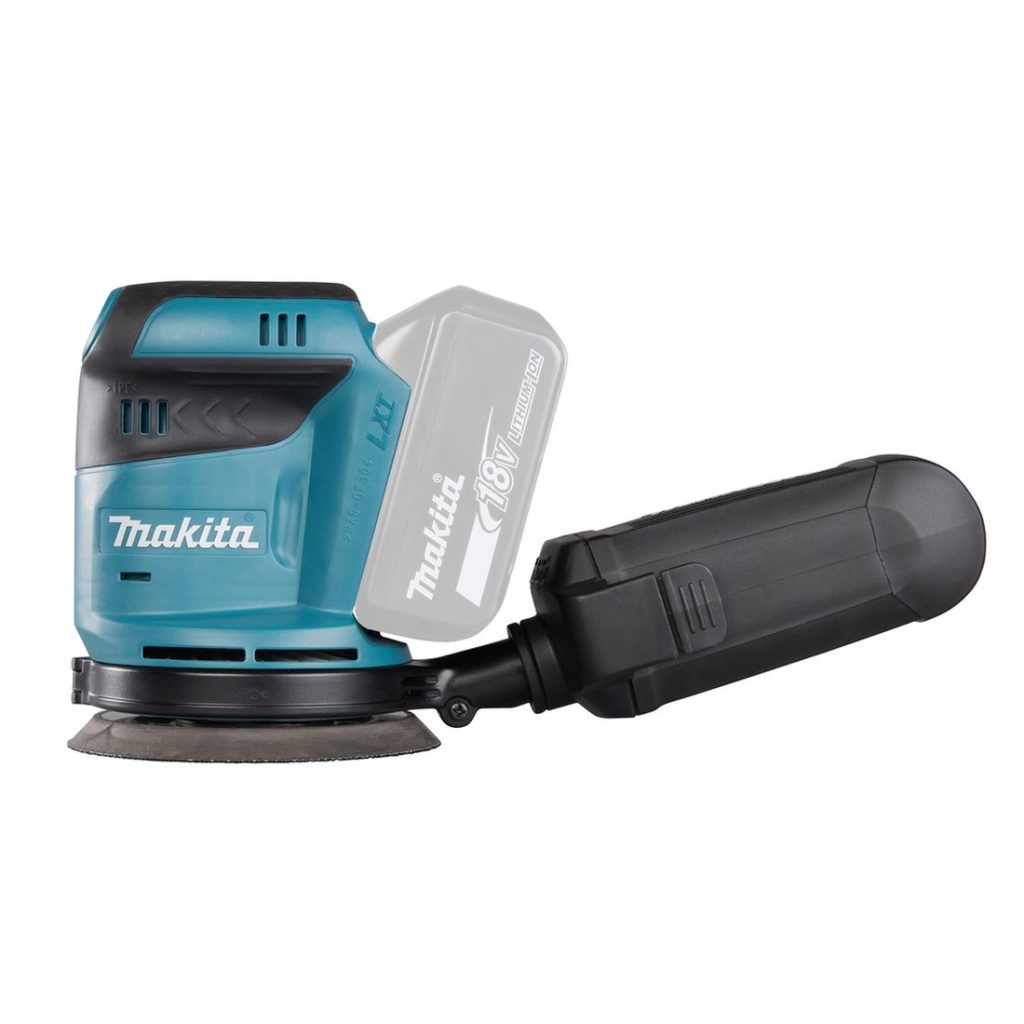 MAKITA Epäkeskohiomakone LXT. Kuvassa Epäkeskohiomakone LXT vasemmalta sivustapäin.