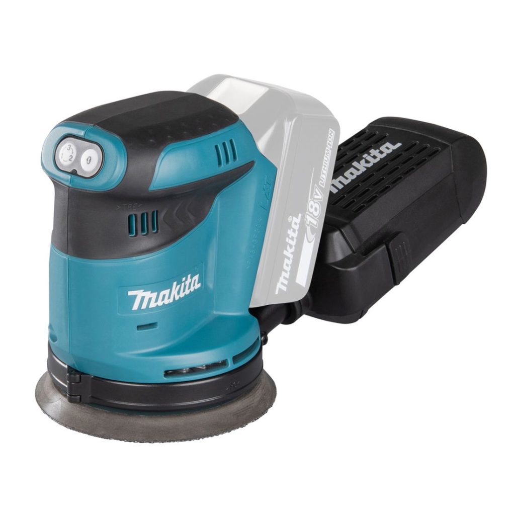 MAKITA Epäkeskohiomakone LXT. Kuvassa Epäkeskohiomakone LXT oikealta etuyläviistosta.