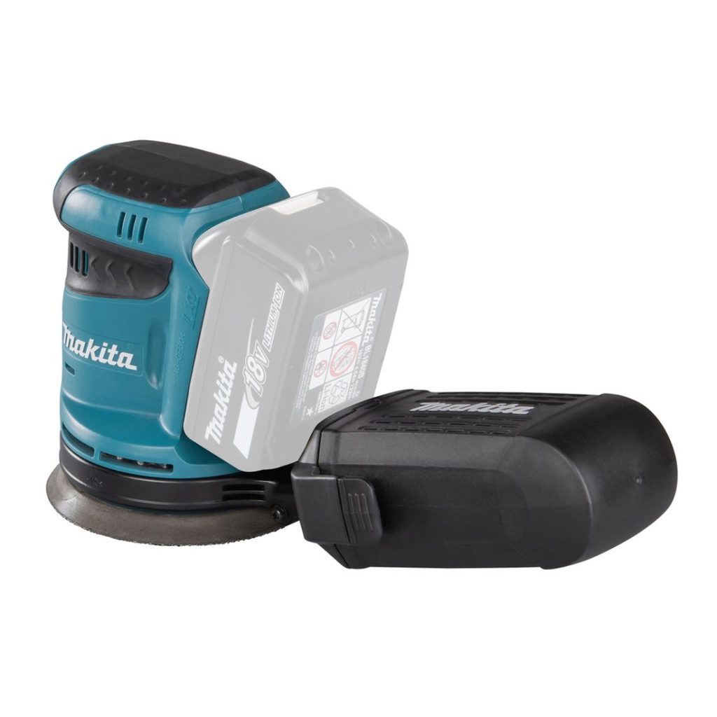 MAKITA Epäkeskohiomakone LXT. Kuvassa Epäkeskohiomakone LXT vasemmalta takaviistosta.