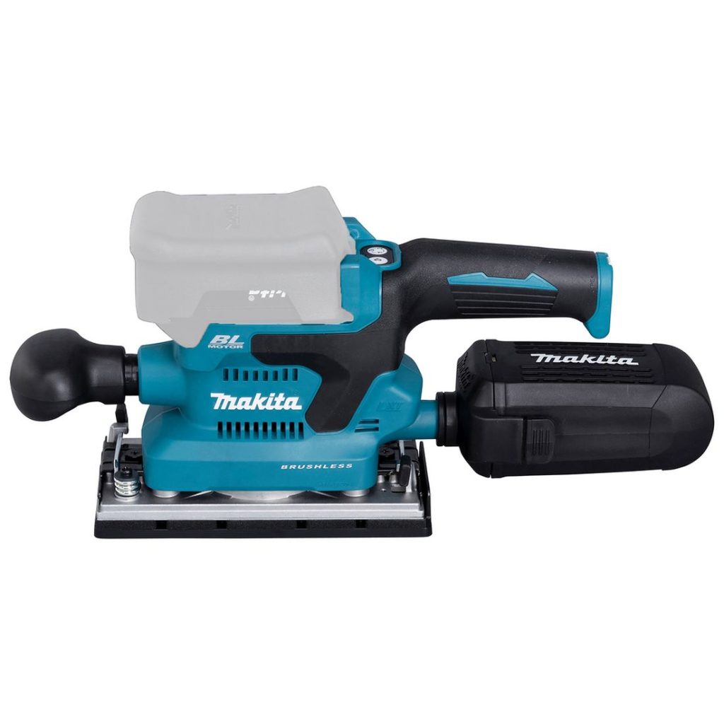 MAKITA Tasohiomakone LXT. Kuvassa Tasohiomakone LXT vasemmalta sivustapäin.