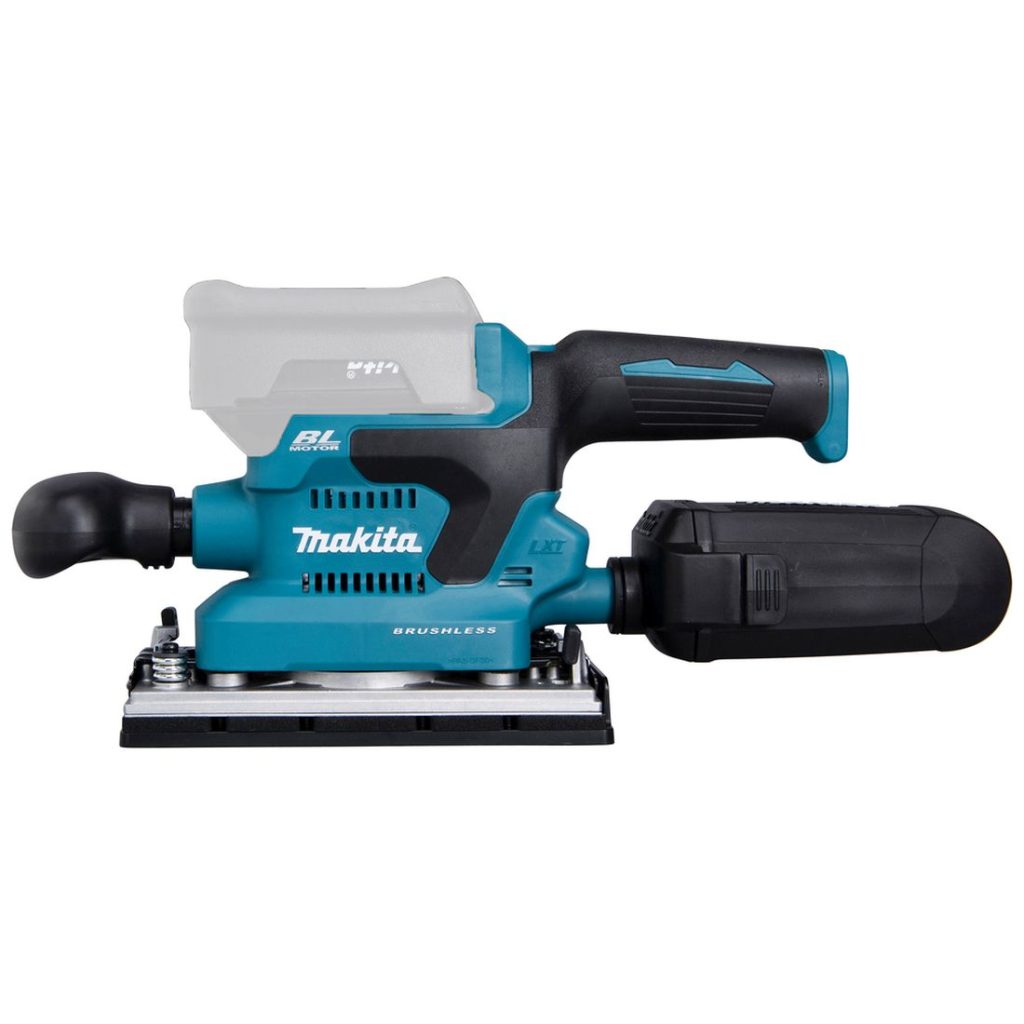 MAKITA Tasohiomakone LXT. Kuvassa Tasohiomakone LXT vasemmalta sivustapäin.