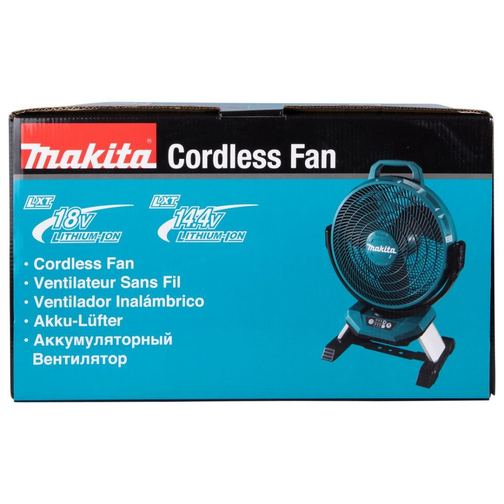MAKITA Tuuletin LXT. Kuvassa tuotteen myyntipakkaus ylhäältäpäin.