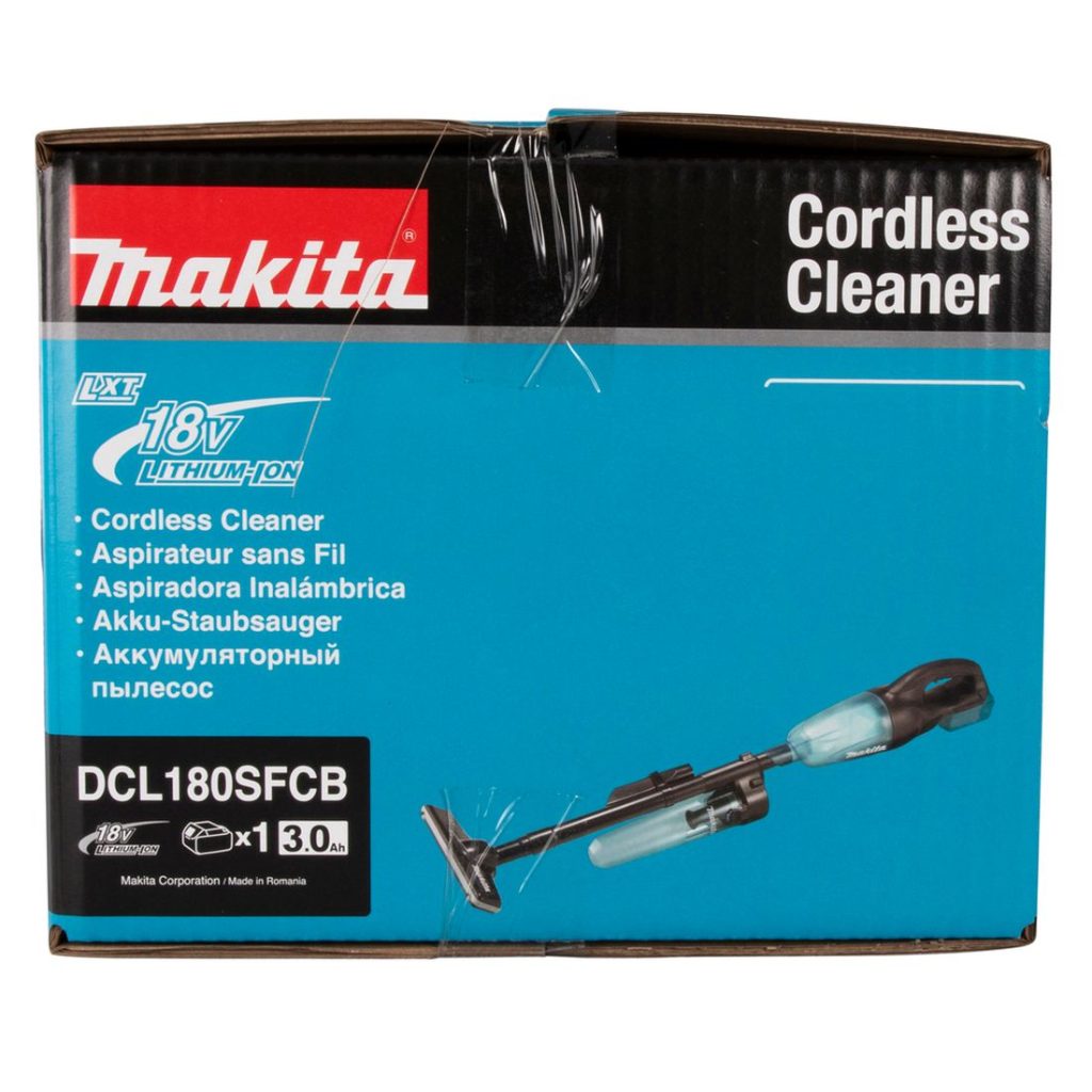 MAKITA Varsi-imuri LXT. Kuvassa tuotteen myyntipakkaus sivustapäin.