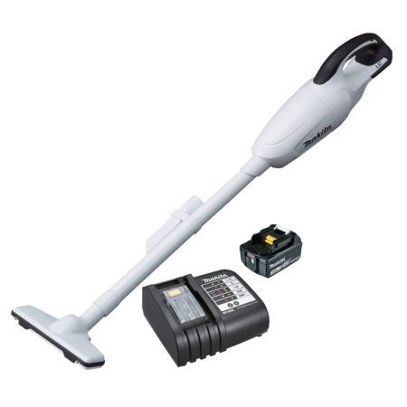 MAKITA Varsi-imuri LXT. Kuvassa Varsi-imuri LXT, akku ja laturi oikealta etuyläviistosta.