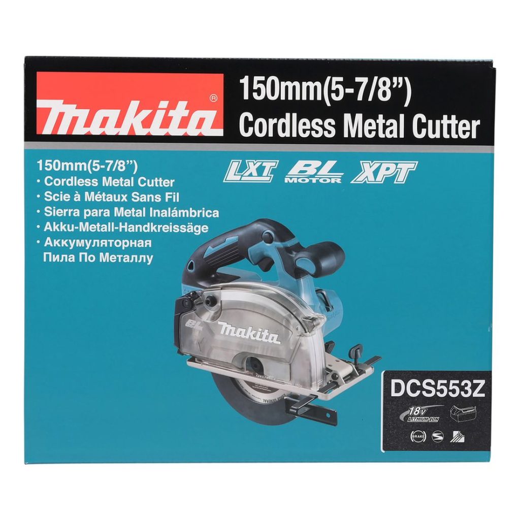 MAKITA Metallipyörösaha LXT. Kuvassa tuotteen myyntipakkaus edestäpäin.