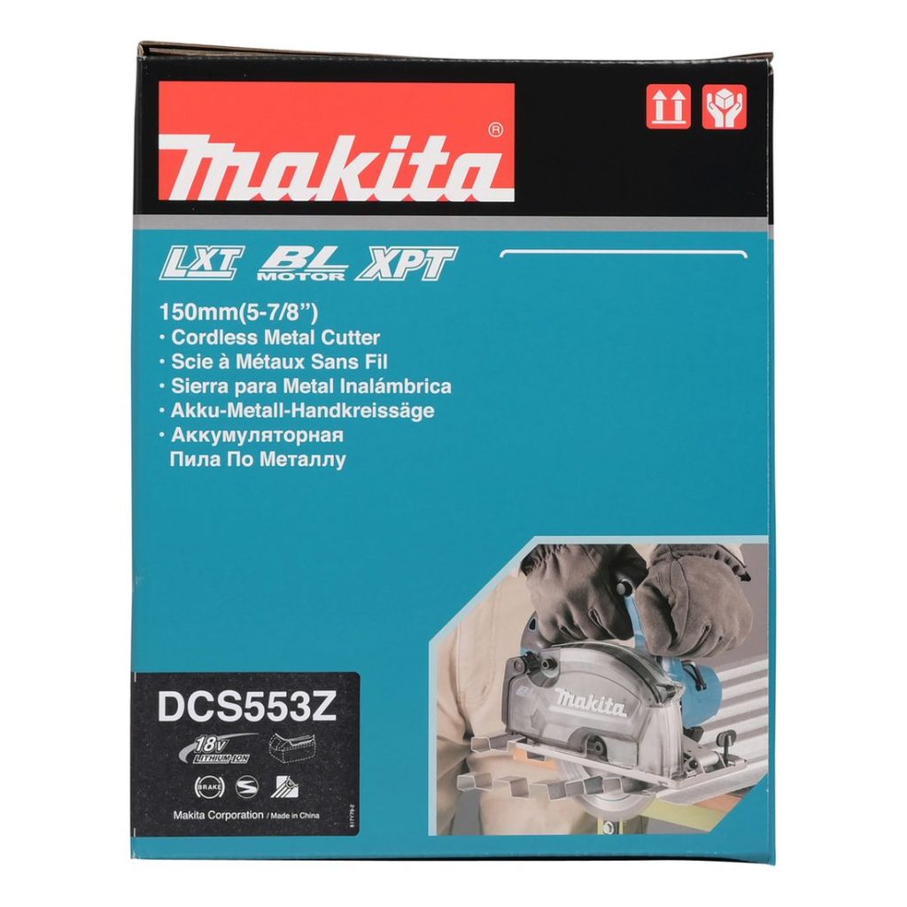MAKITA Metallipyörösaha LXT. Kuvassa tuotteen myyntipakkaus sivustapäin.