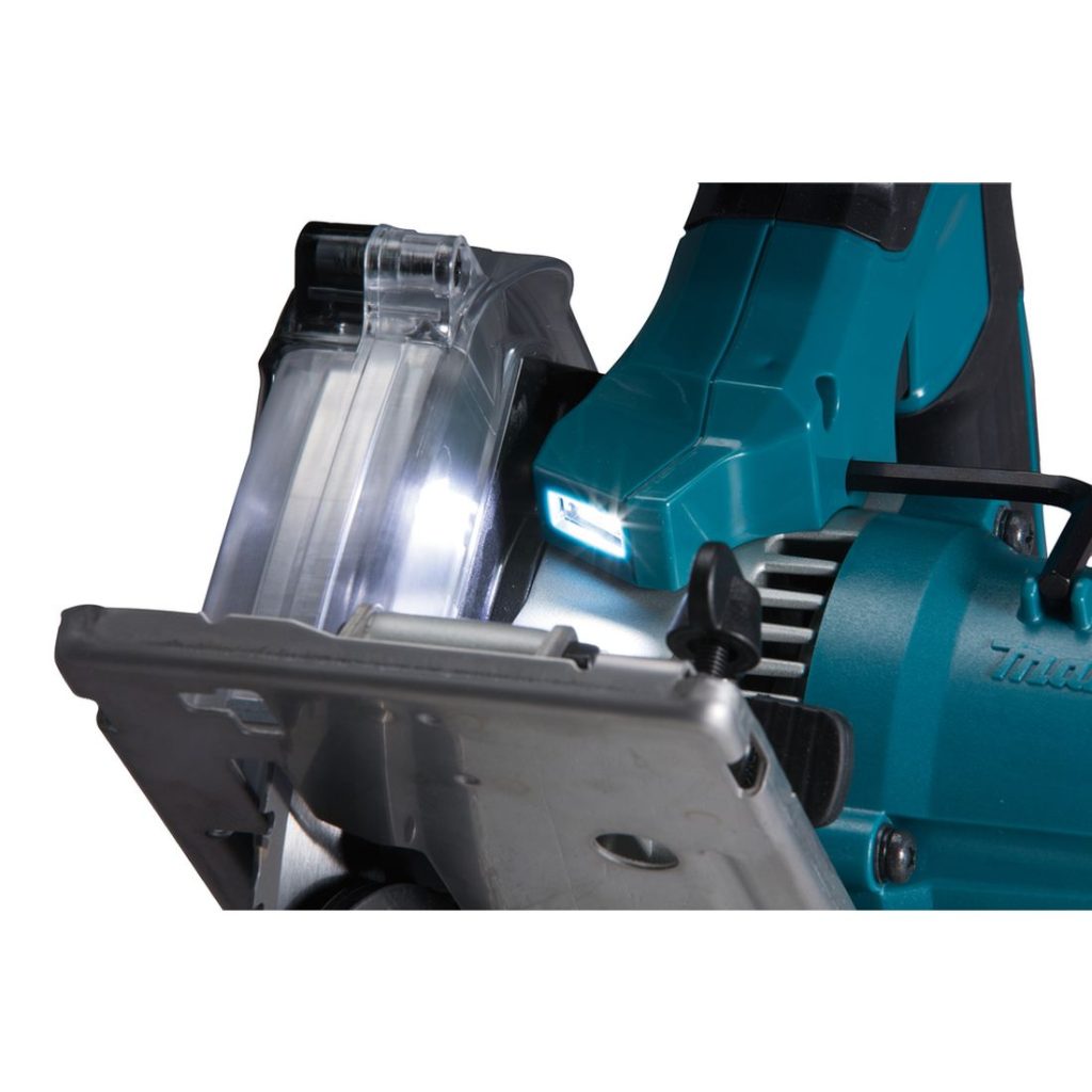 MAKITA Metallipyörösaha LXT. Lähikuvassa metallipyörösahan LED-valo.