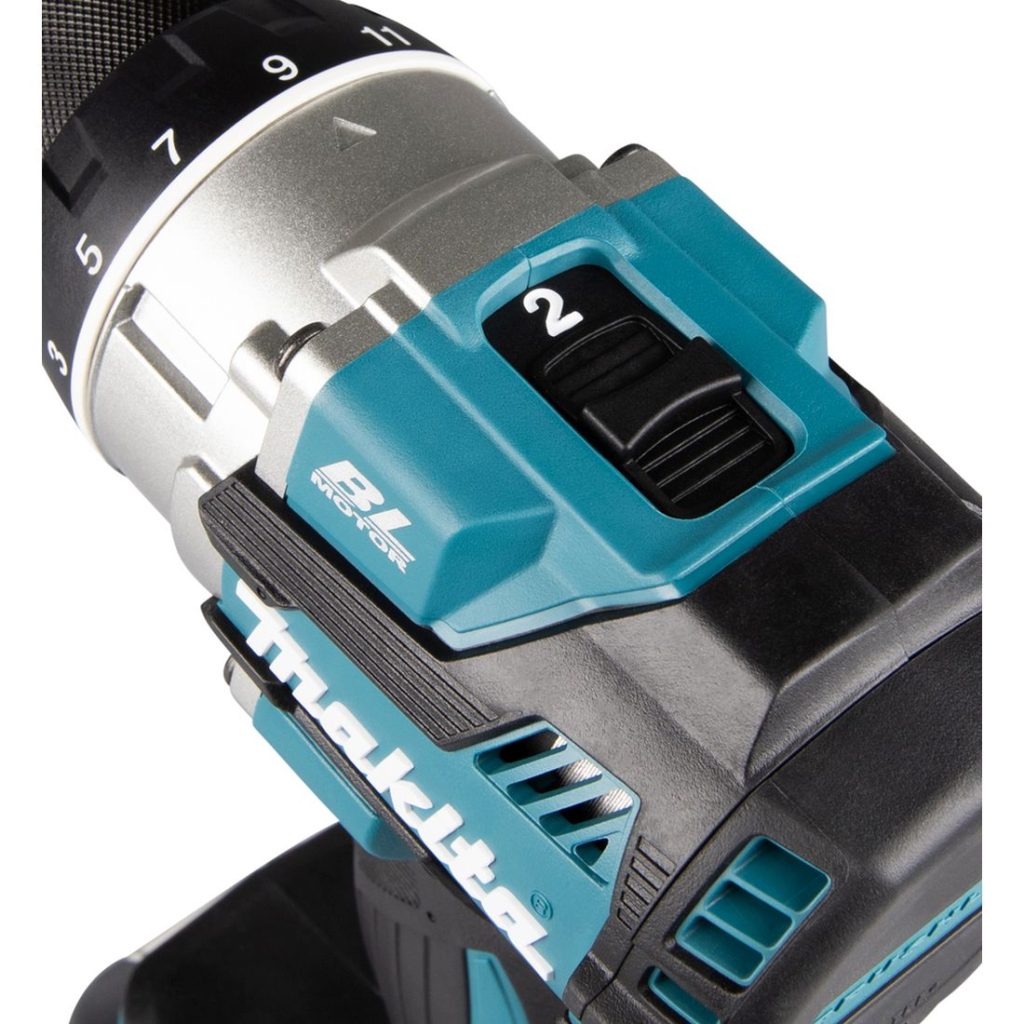 MAKITA Porakone LXT. Lähikuvassa Porakone LXT:n vaihteenvalitsin.