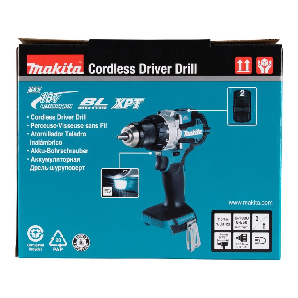 MAKITA Porakone LXT. Kuvassa tuotteen myyntipakkaus edestäpäin.