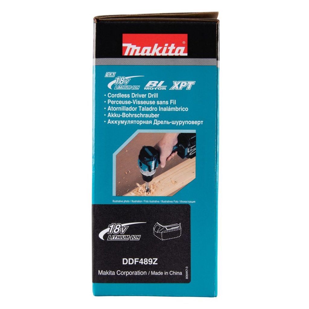 MAKITA Porakone LXT. Kuvassa tuotteen myyntipakkaus sivustapäin.