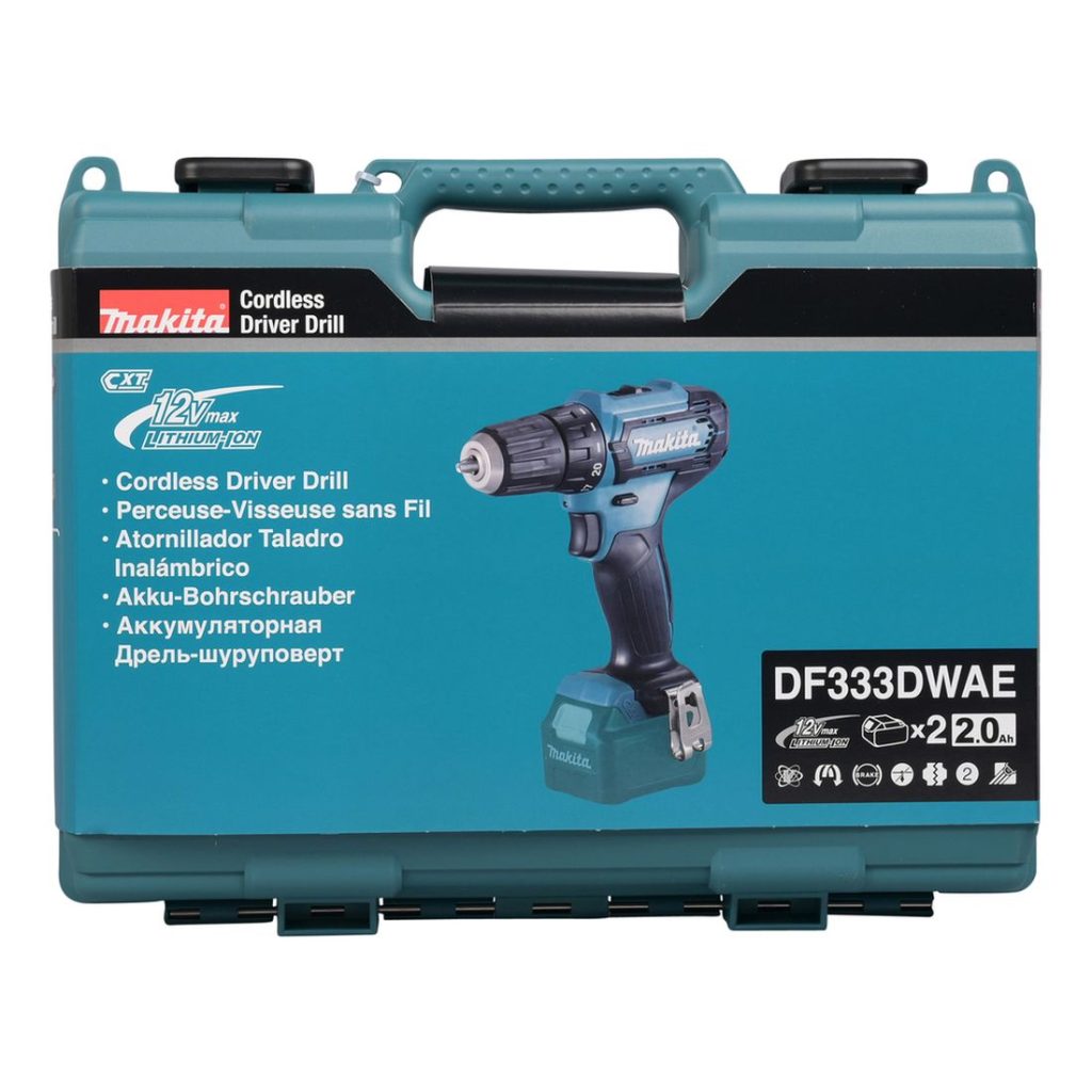 MAKITA Porakone CXT. Kuvassa tuotteen salkku edestäpäin.