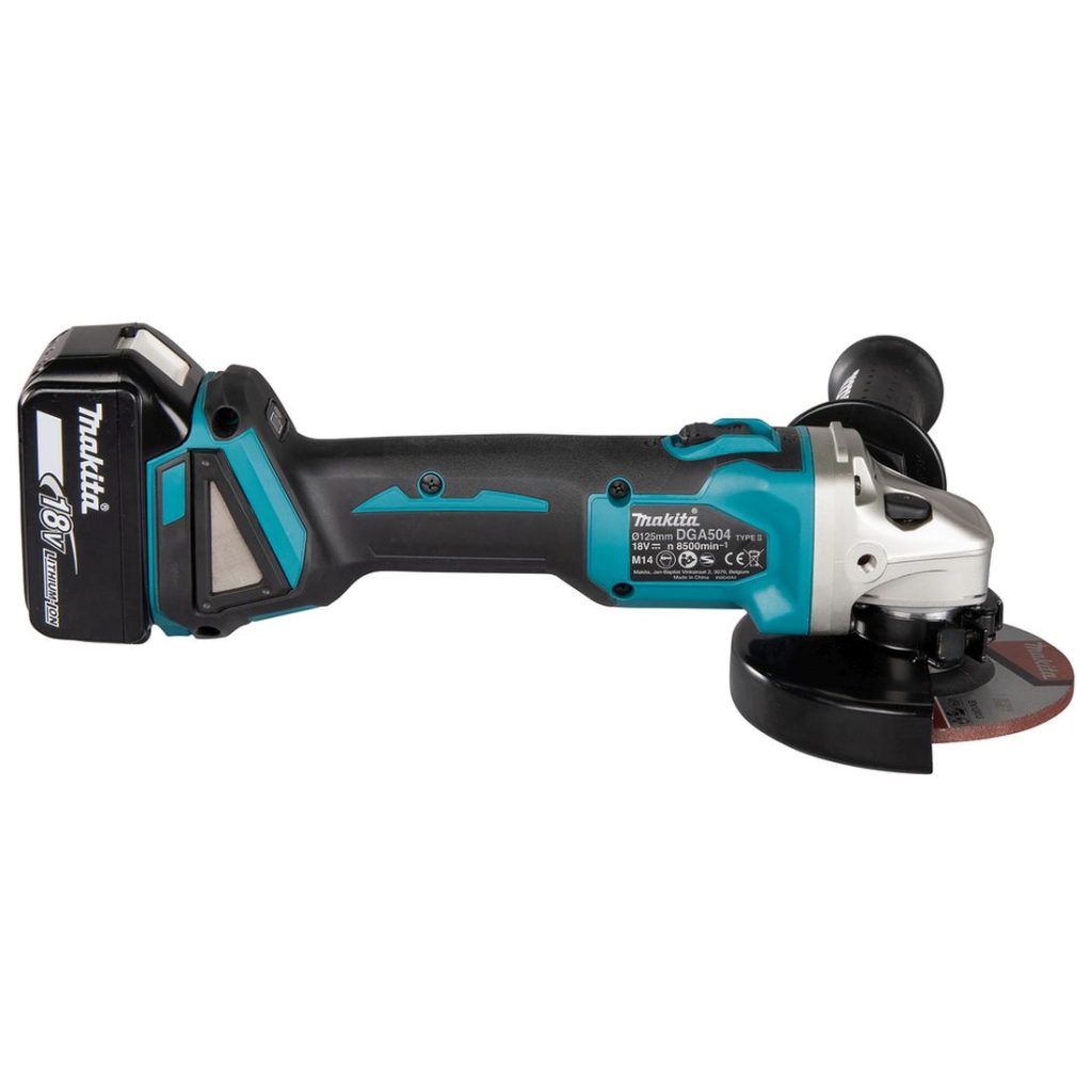 MAKITA Kulmahiomakone LXT. Kuvassa Kulmahiomakone LXT oikealta sivustapäin.