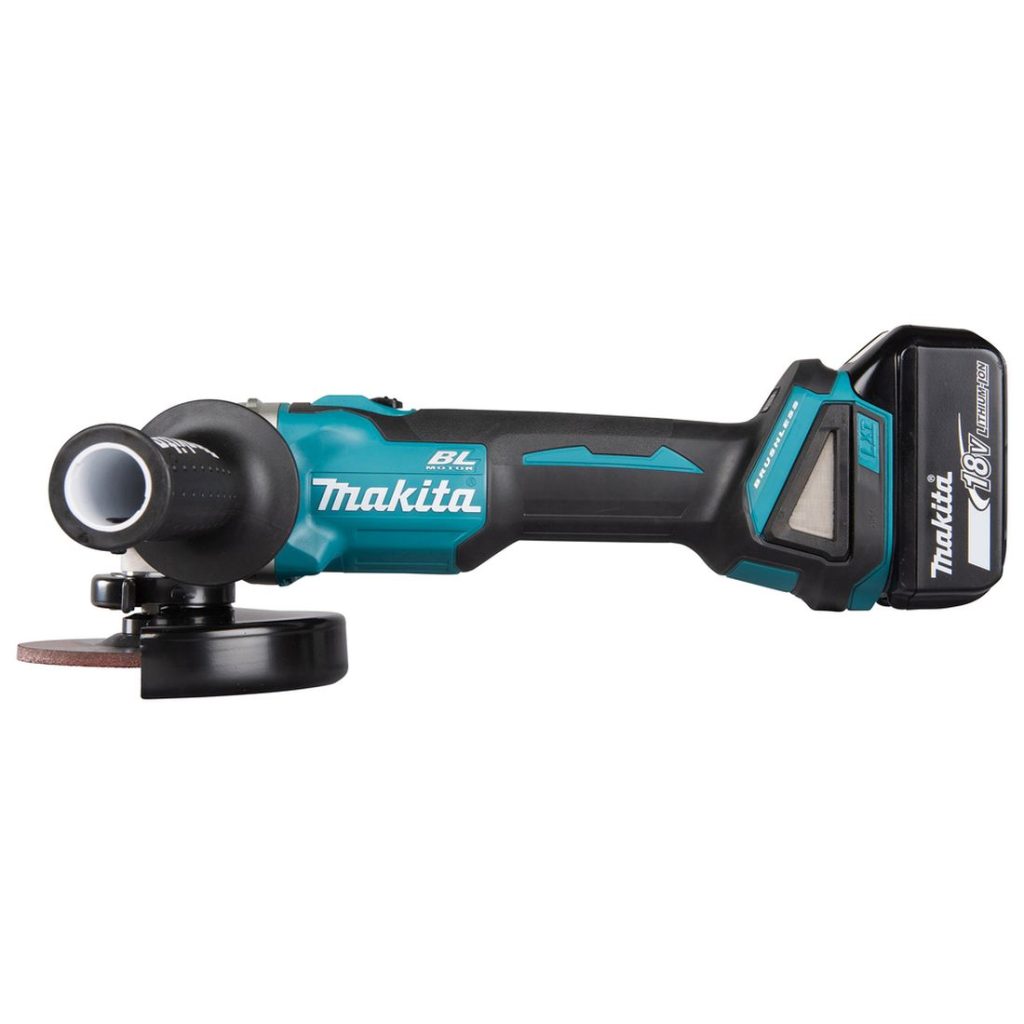 MAKITA Kulmahiomakone LXT. Kuvassa Kulmahiomakone LXT vasemmalta sivustapäin.