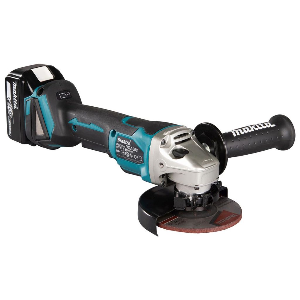 MAKITA Kulmahiomakone LXT. Kuvassa Kulmahiomakone LXT vasemmalta etuyläviistosta.