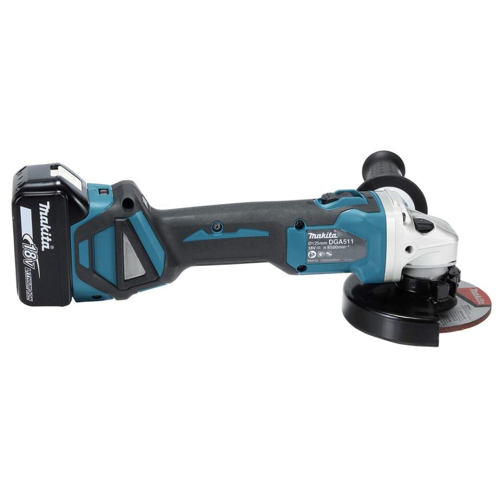 MAKITA Kulmahiomakone LXT. Kuvassa Kulmahiomakone LXT oikealta sivustapäin.