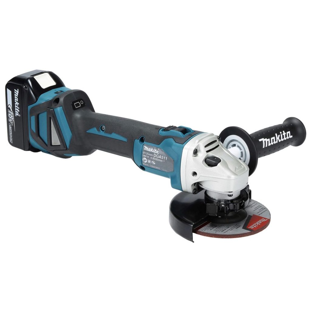 MAKITA Kulmahiomakone LXT. Kuvassa Kulmahiomakone LXT vasemmalta etuyläviistosta.