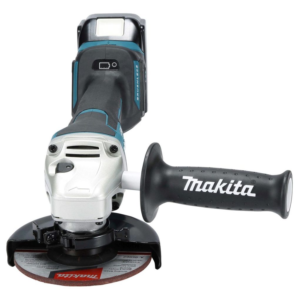 MAKITA Kulmahiomakone LXT. Kuvassa Kulmahiomakone LXT edestäpäin yläviistosta.